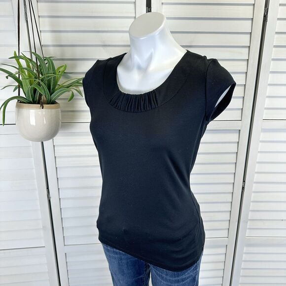 Lafayette 148 New York Black Cap‎ Sleeve Knit Blouse Top Pleated Neckline Size S - Picture 1 of 7